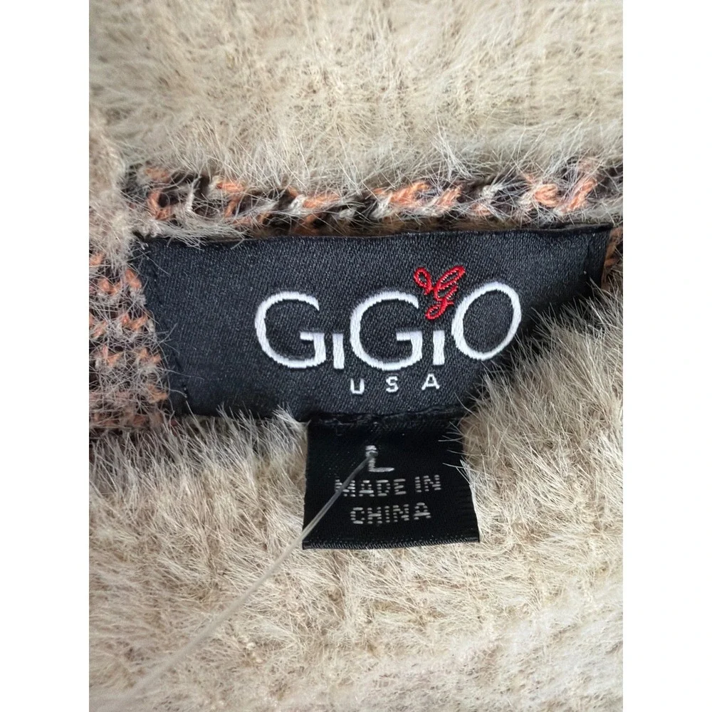 Gigio USA Sweater Womens Large Tan Orange Leopard Print Fuzzy V-Neck Oversized